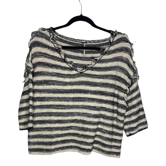 Free People Sweater Size XS Women's Pullover Striped Spells Trouble Ivory Black - Picture 2 of 6